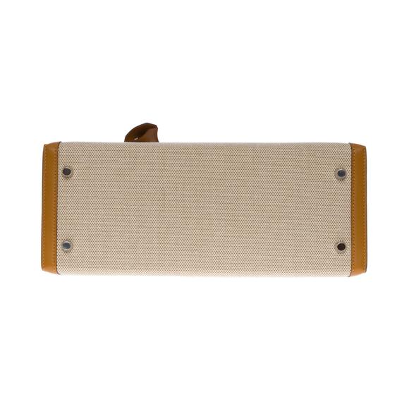 HERMES New Kelly 28 sellier handbag strap in beige canvas and gold leather, SHW - Picture 11 of 12